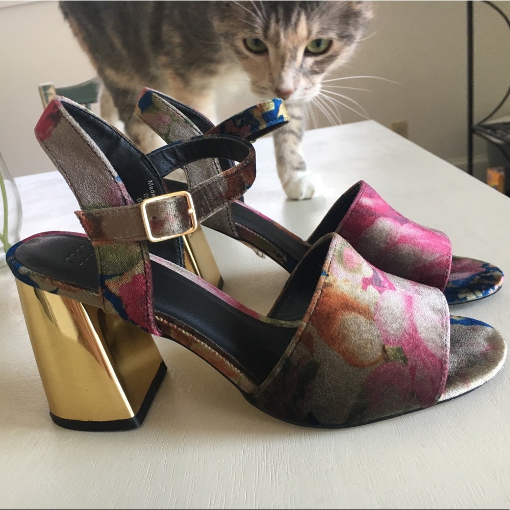 ASOS Velvet Holywell Gold Block Heel Sandal Pumps
